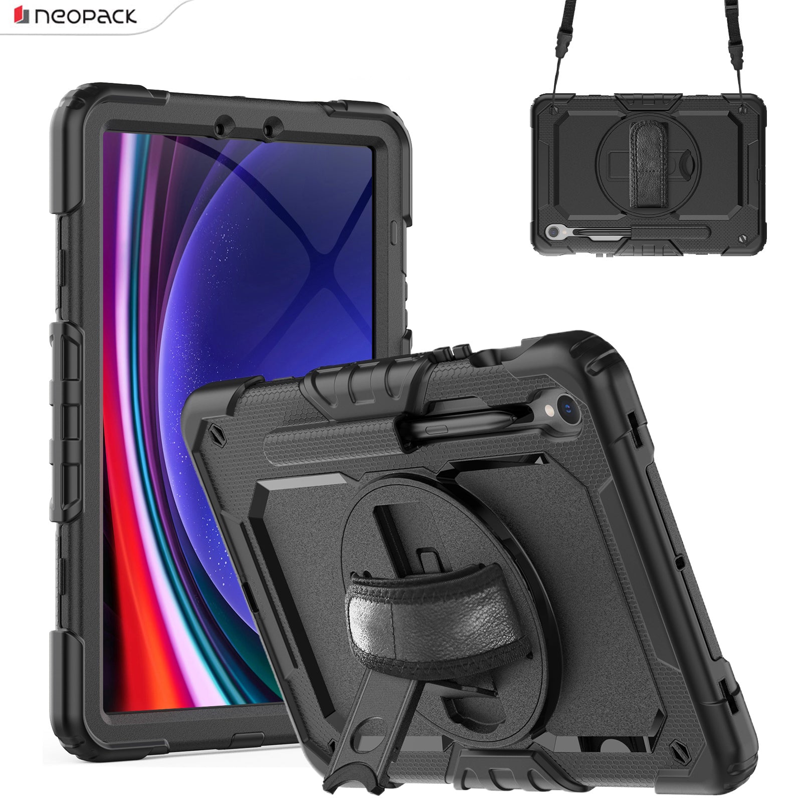 Military Grade Shockproof Rugged Case with Shoulder Strap & 360 Degree Rotating Stand for Samsung Galaxy Tab S9 FE 10.9-Inch (Clear Back)