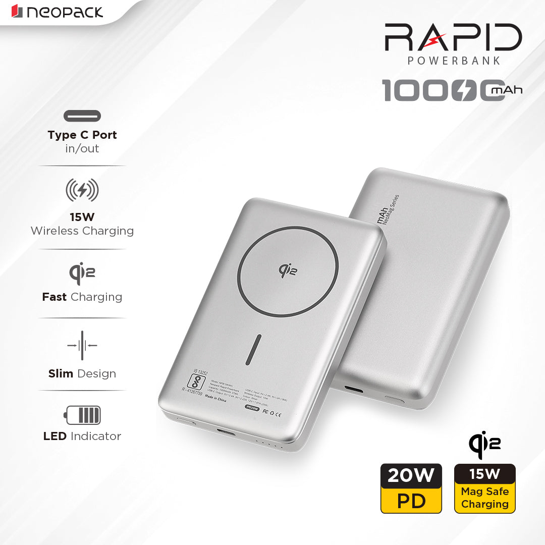 Rapid Qi2 Fast Charging Magsafe Power Bank 10000 mAH with Wireless Charging @ 15W & Type C @ 20W (Silver)