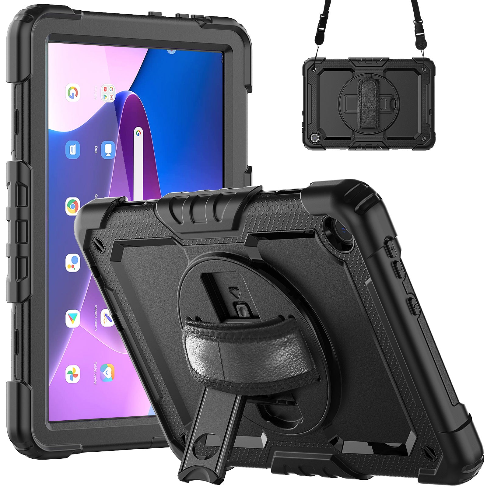 Military Grade Shockproof Rugged Case with Shoulder Strap & Rotating Stand for Lenovo Tab M10 10.1
