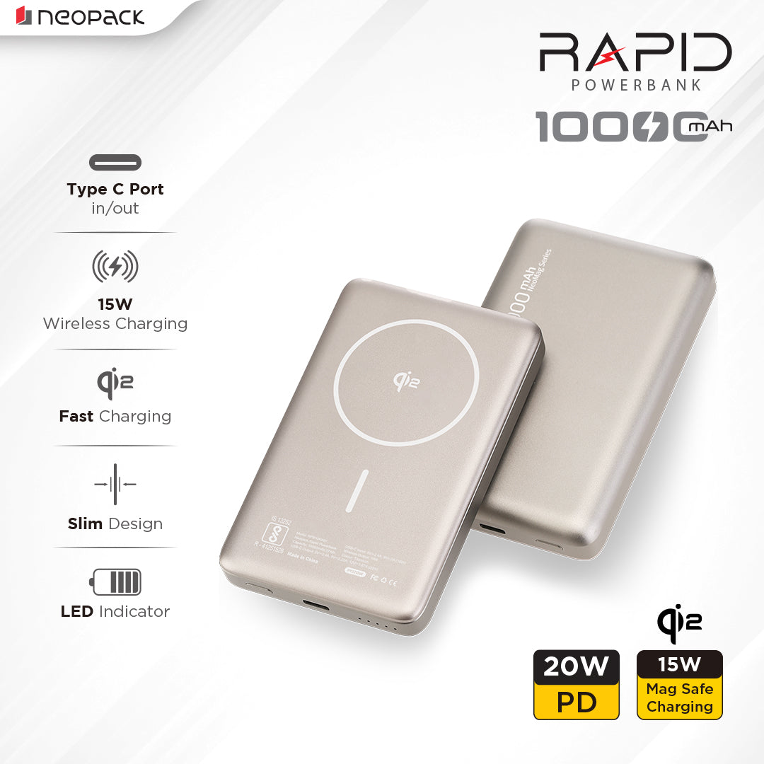 Rapid Qi2 Fast Charging Magsafe Power Bank 10000 mAH with Wireless Charging @ 15W & Type C @ 20W (Titanium)
