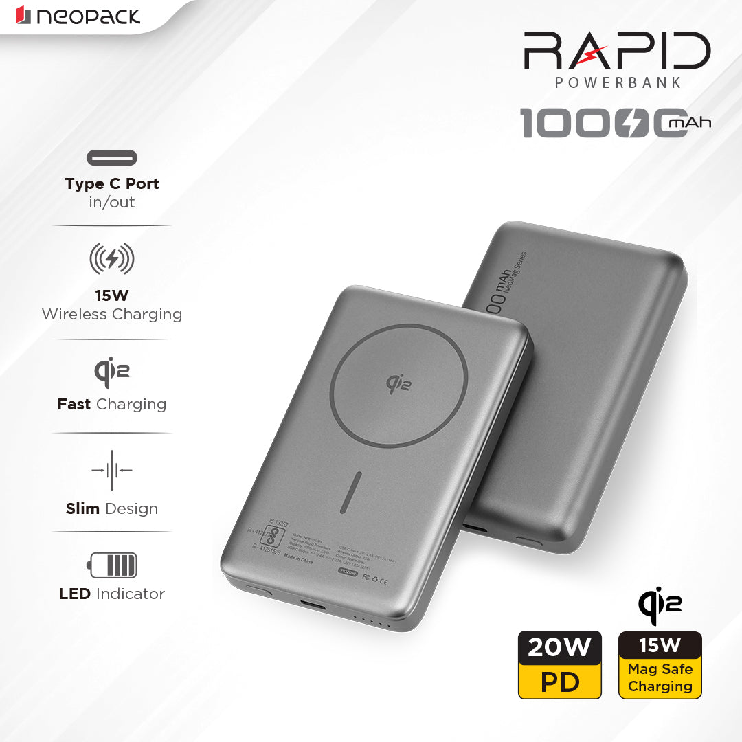 Rapid Qi2 Fast Charging Magsafe Power Bank 10000 mAH with Wireless Charging @ 15W & Type C @ 20W (Space Grey)
