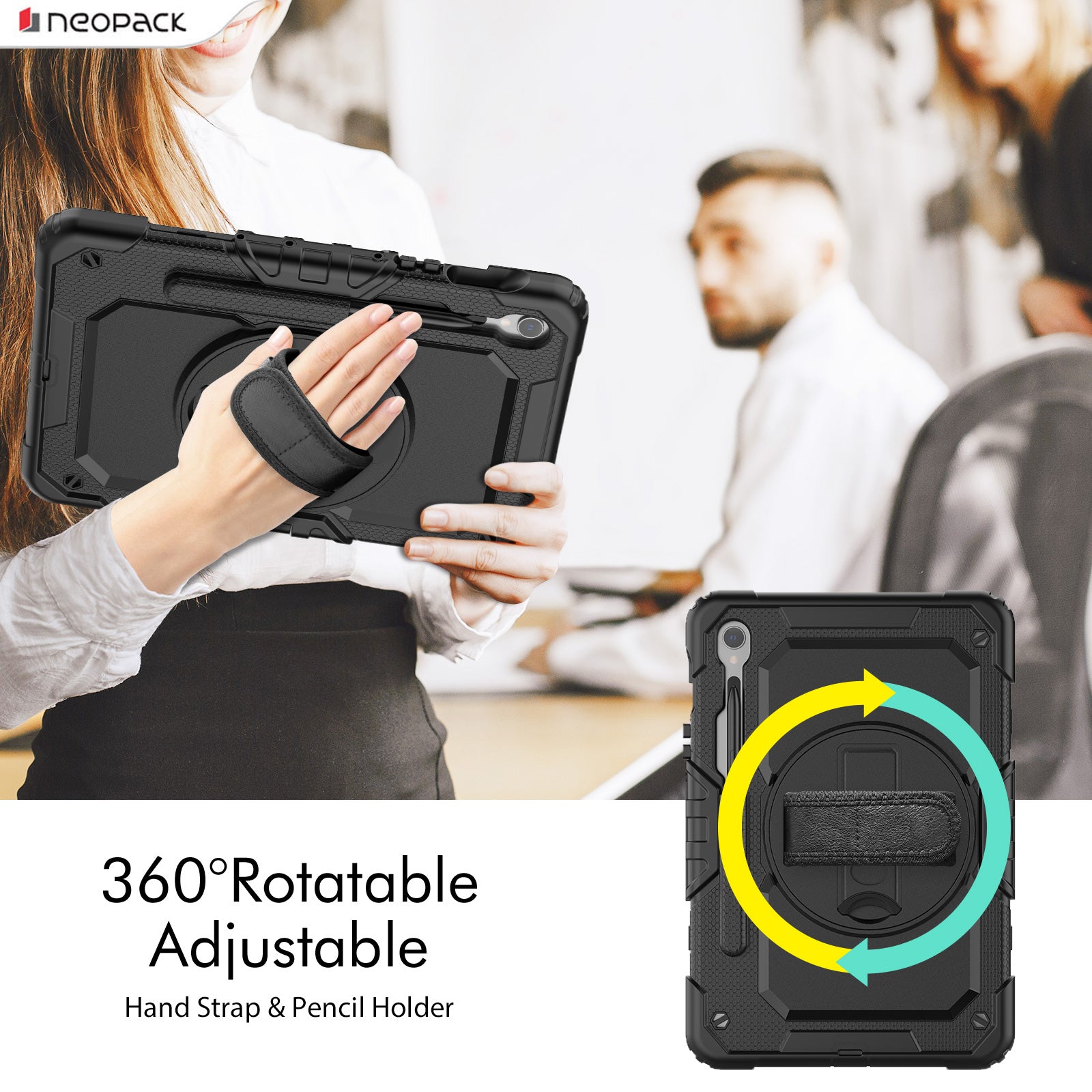 Military Grade Shockproof Rugged Case with Shoulder Strap & 360 Degree Rotating Stand for Samsung Galaxy Tab S9 FE 10.9-Inch (Clear Back)