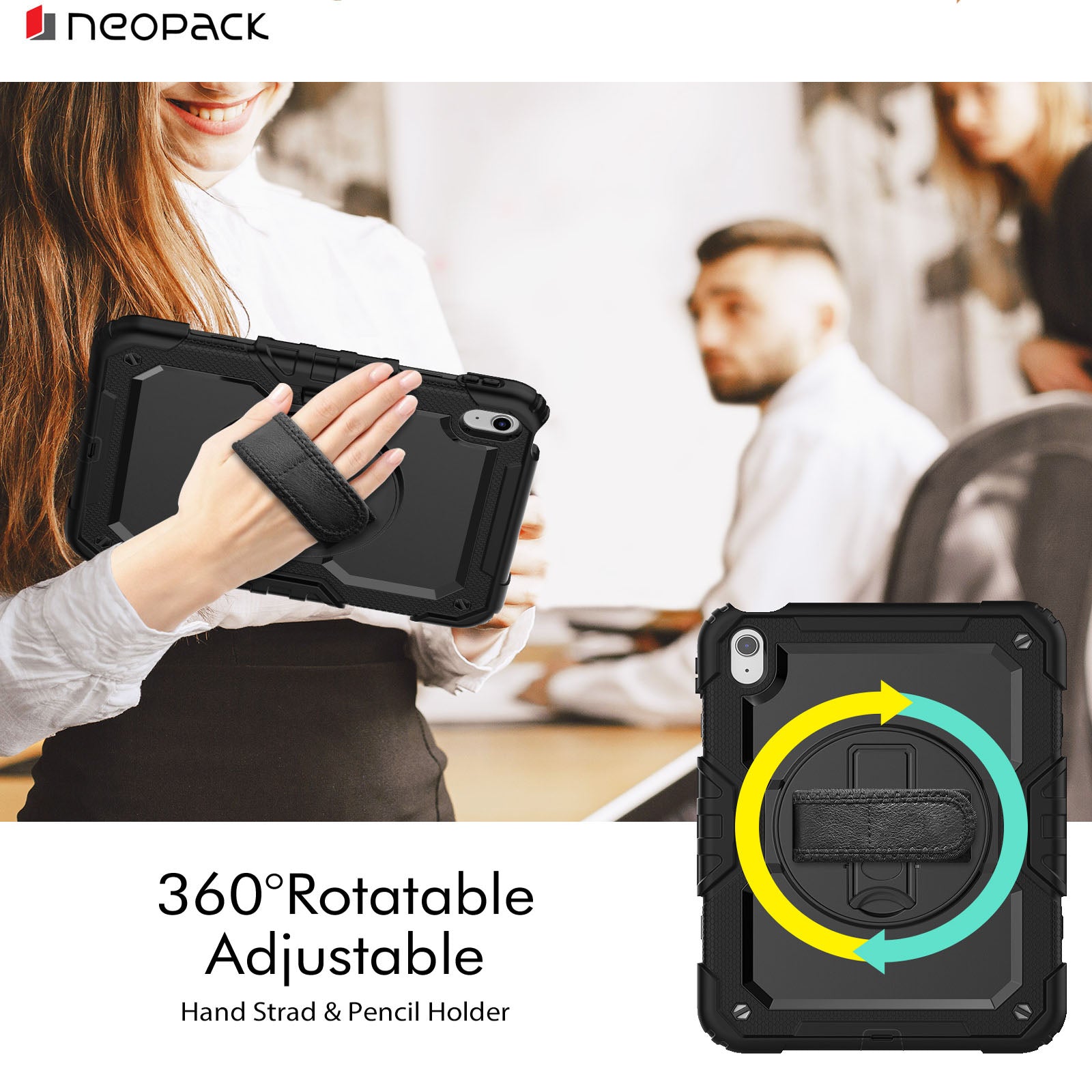 Military Grade Shockproof Rugged Case with Shoulder Strap & Rotating Stand for iPad 10.9