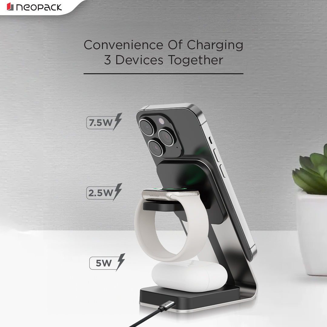 3 IN One Wireless Charging Stand 15W Compatible With iPhone, Apple Watch & Airpod (Silver)