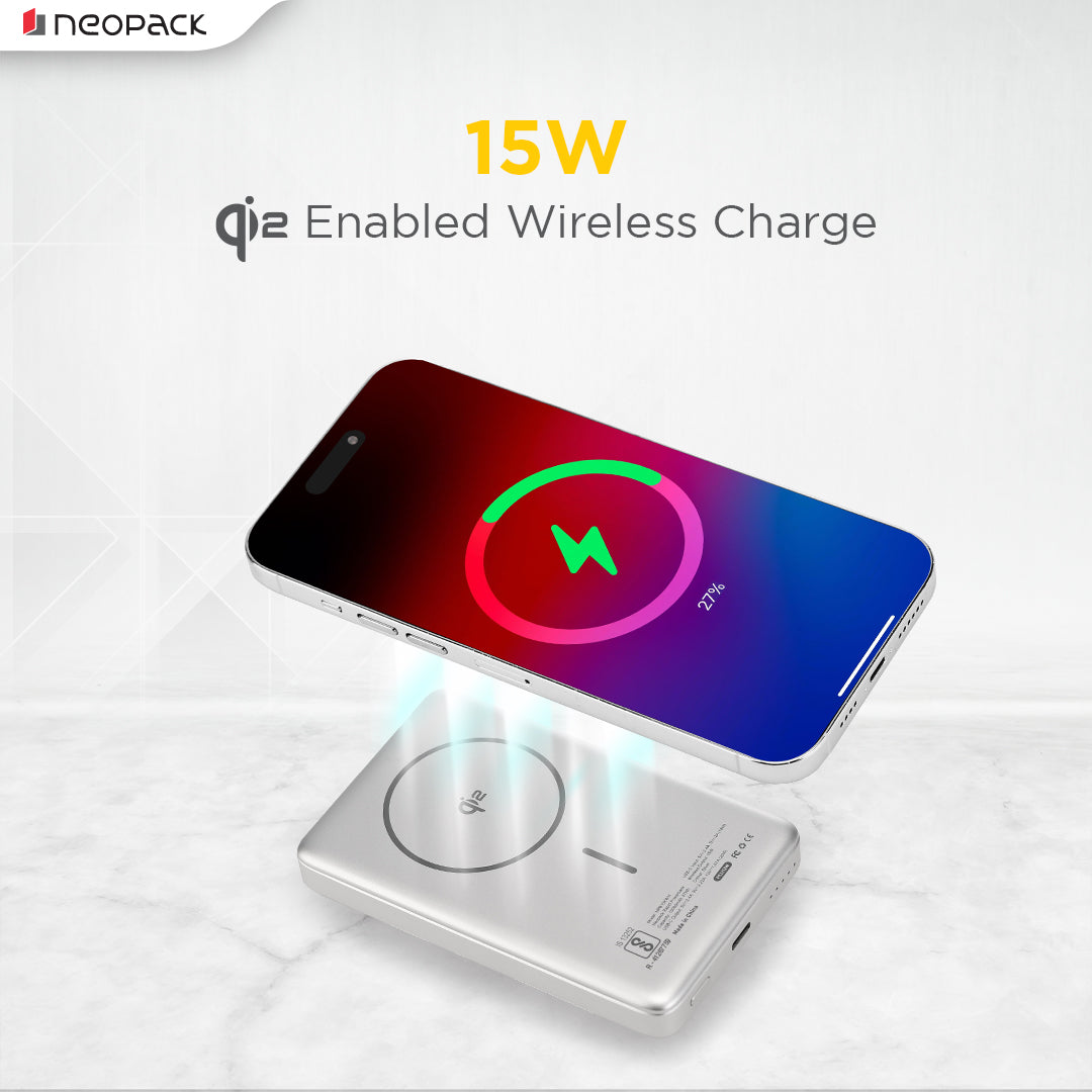 Rapid Qi2 Fast Charging Magsafe Power Bank 10000 mAH with Wireless Charging @ 15W & Type C @ 20W (Silver)