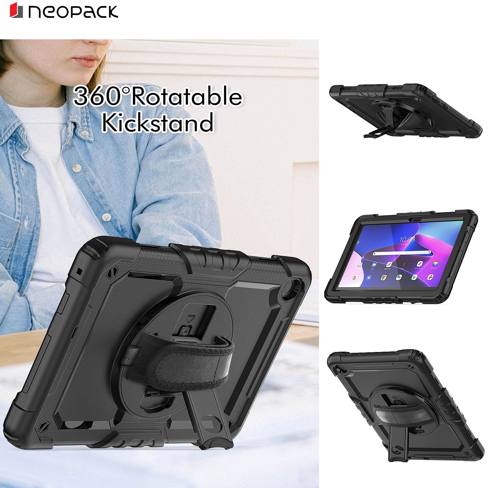 Military Grade Shockproof Rugged Case with Shoulder Strap & Rotating Stand for Lenovo Tab M10 10.1