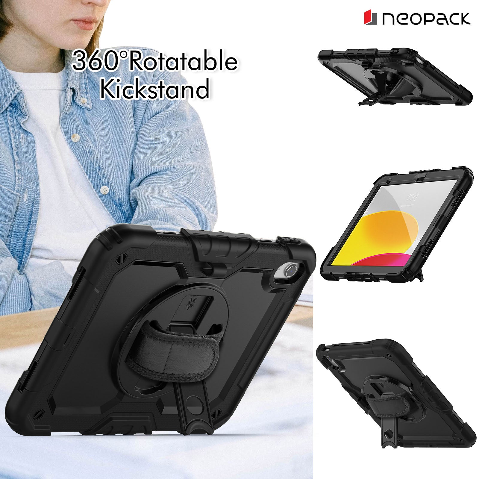 Military Grade Shockproof Rugged Case with Shoulder Strap & Rotating Stand for iPad 10.9