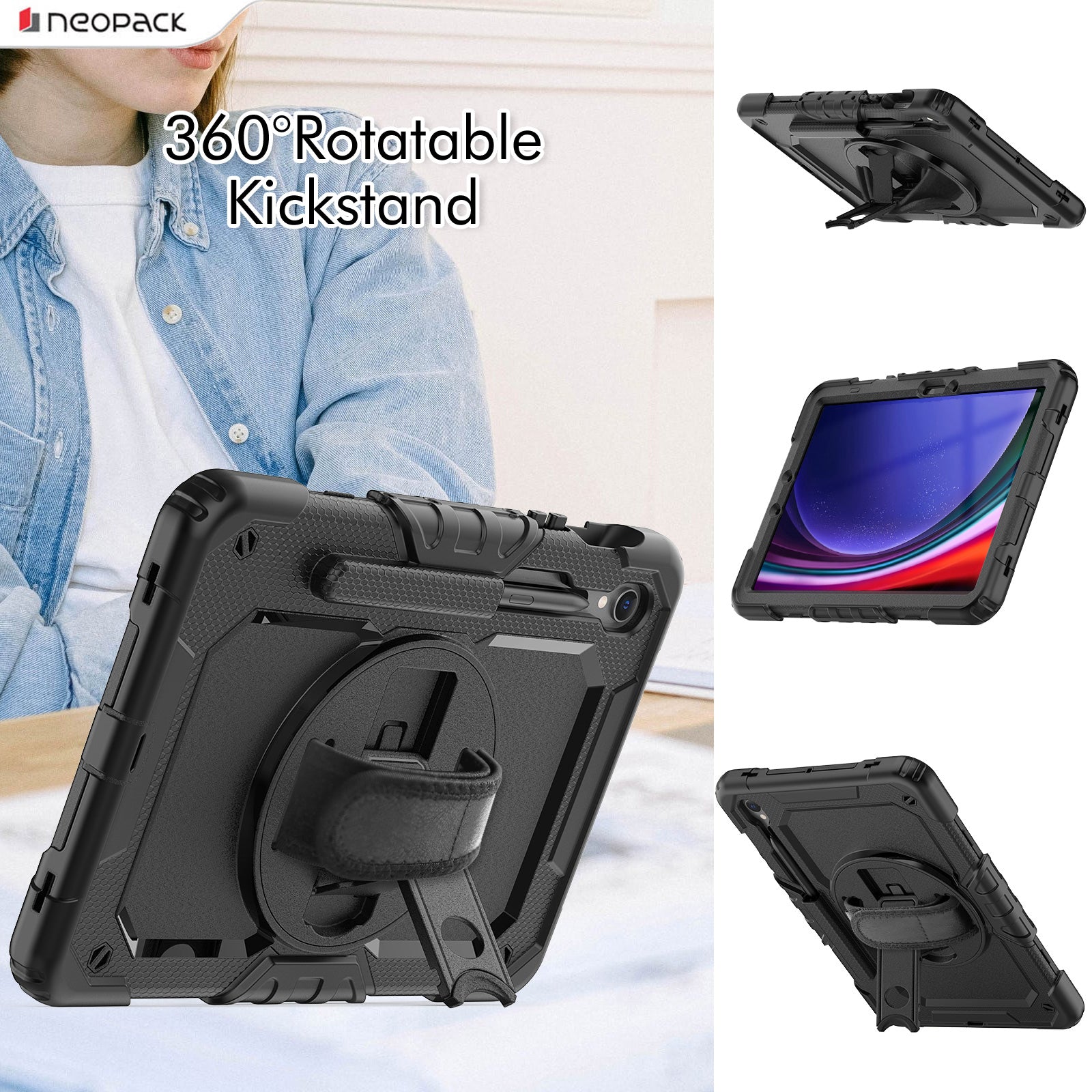 Military Grade Shockproof Rugged Case with Shoulder Strap & 360 Degree Rotating Stand for Samsung Galaxy Tab S9 FE 10.9-Inch (Clear Back)