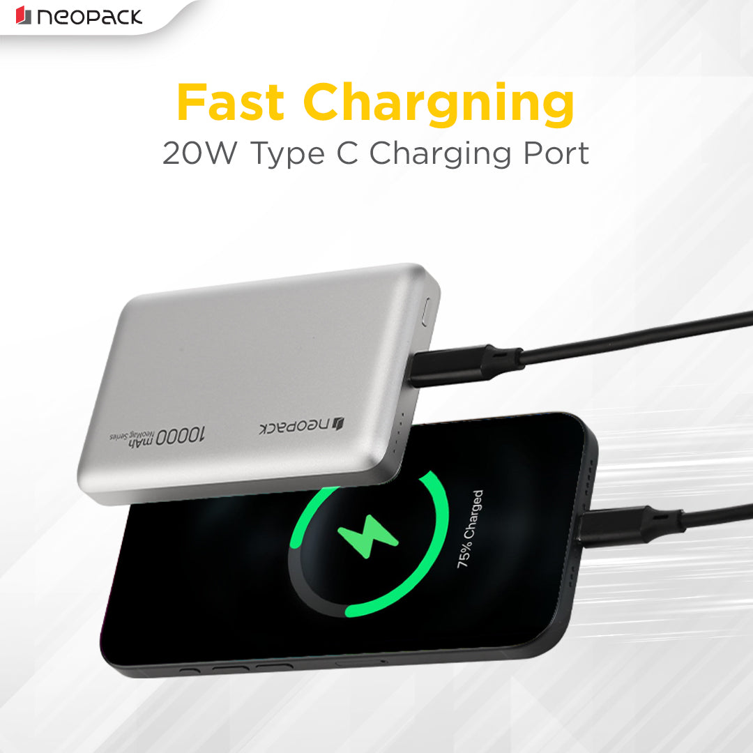 Rapid Qi2 Fast Charging Magsafe Power Bank 10000 mAH with Wireless Charging @ 15W & Type C @ 20W (Silver)