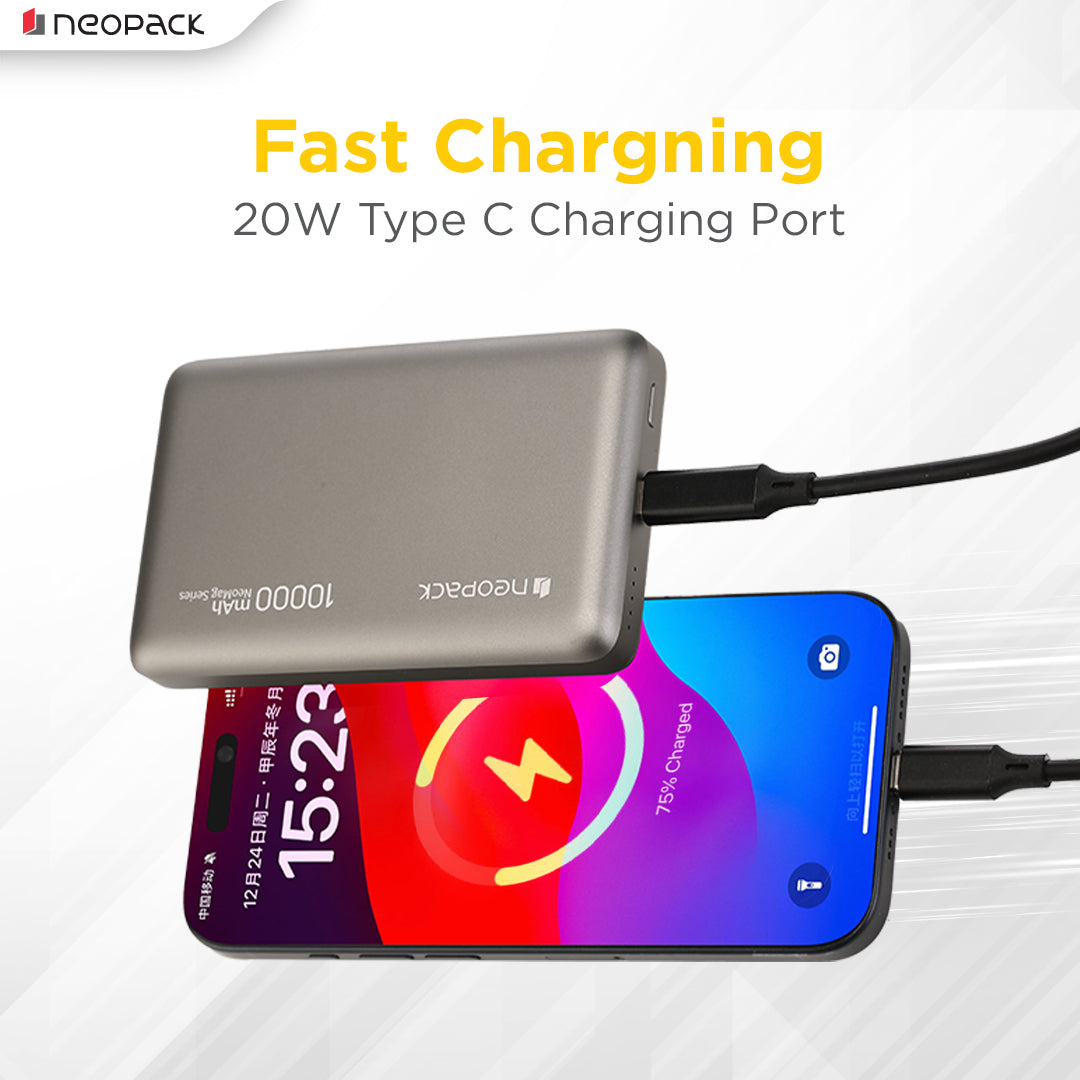 Rapid Qi2 Fast Charging Magsafe Power Bank 10000 mAH with Wireless Charging @ 15W & Type C @ 20W (Titanium)