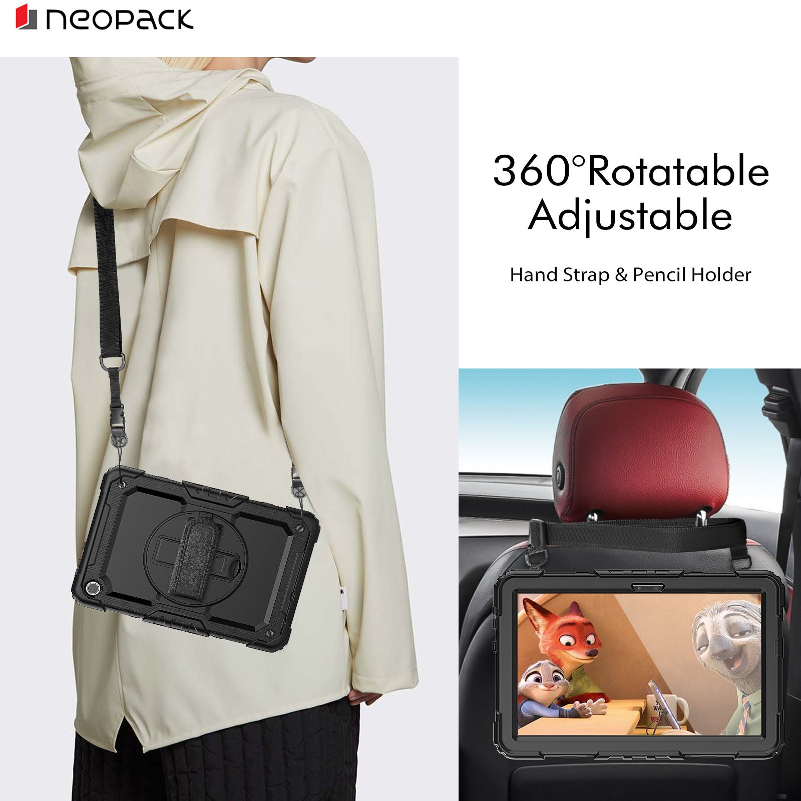 Military Grade Shockproof Rugged Case with Shoulder Strap & Rotating Stand for Lenovo Tab M10 10.1