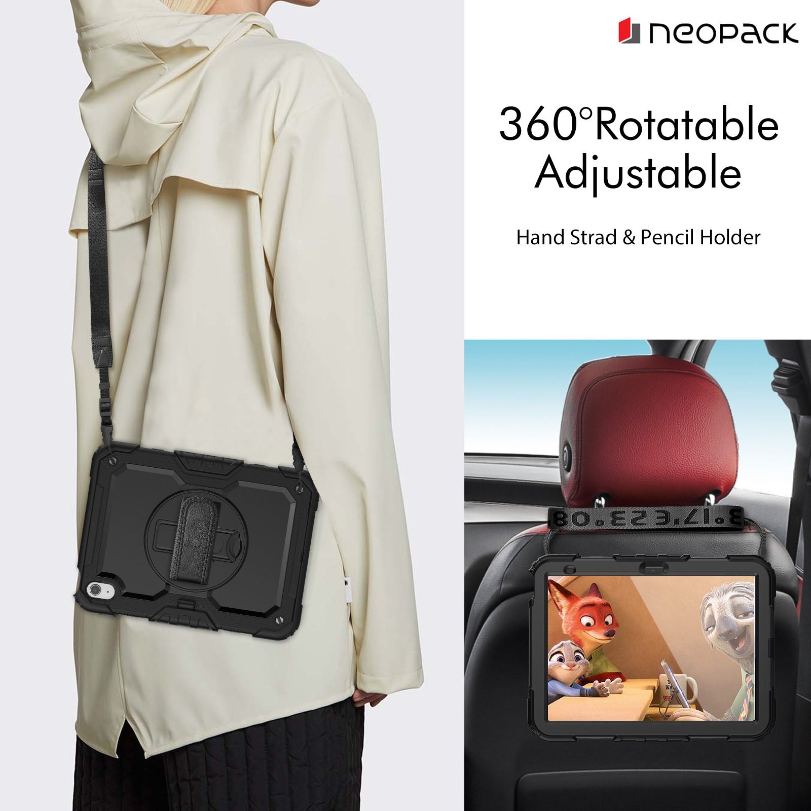 Military Grade Shockproof Rugged Case with Shoulder Strap & Rotating Stand for iPad 10.9