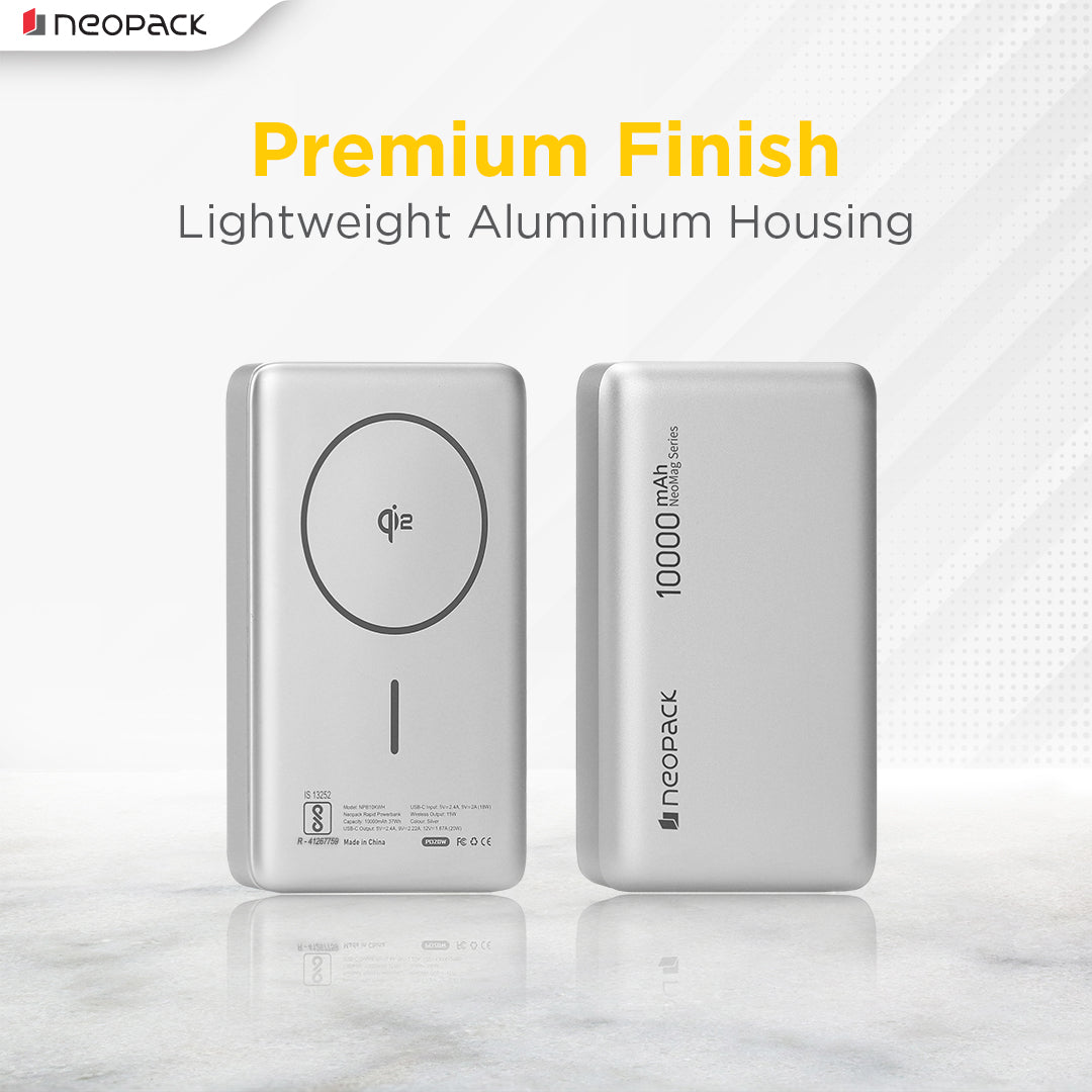 Rapid Qi2 Fast Charging Magsafe Power Bank 10000 mAH with Wireless Charging @ 15W & Type C @ 20W (Silver)