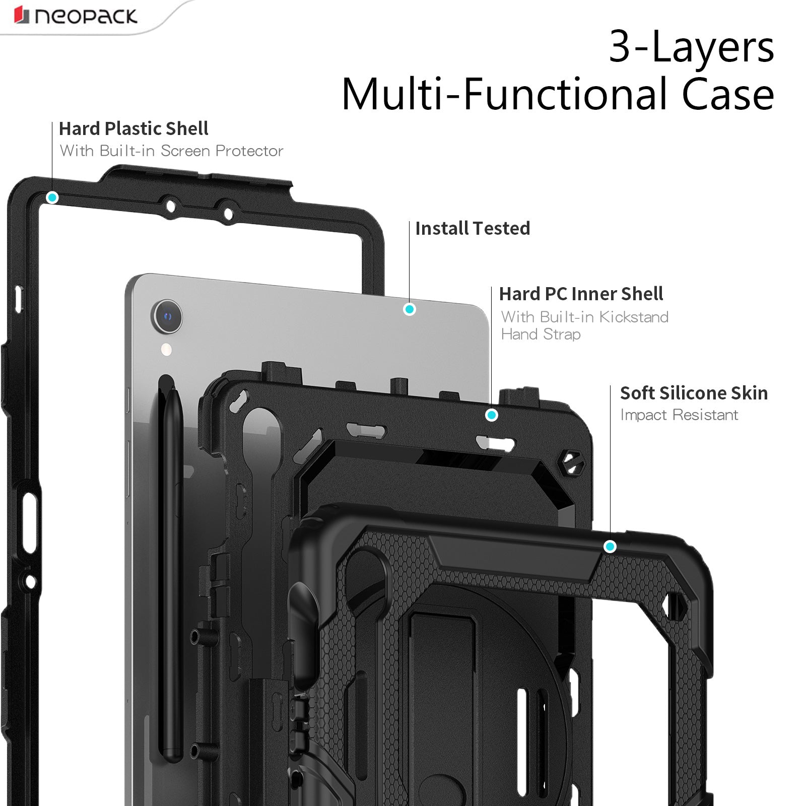 Military Grade Shockproof Rugged Case with Shoulder Strap & 360 Degree Rotating Stand for Samsung Galaxy Tab S9 FE 10.9-Inch (Clear Back)