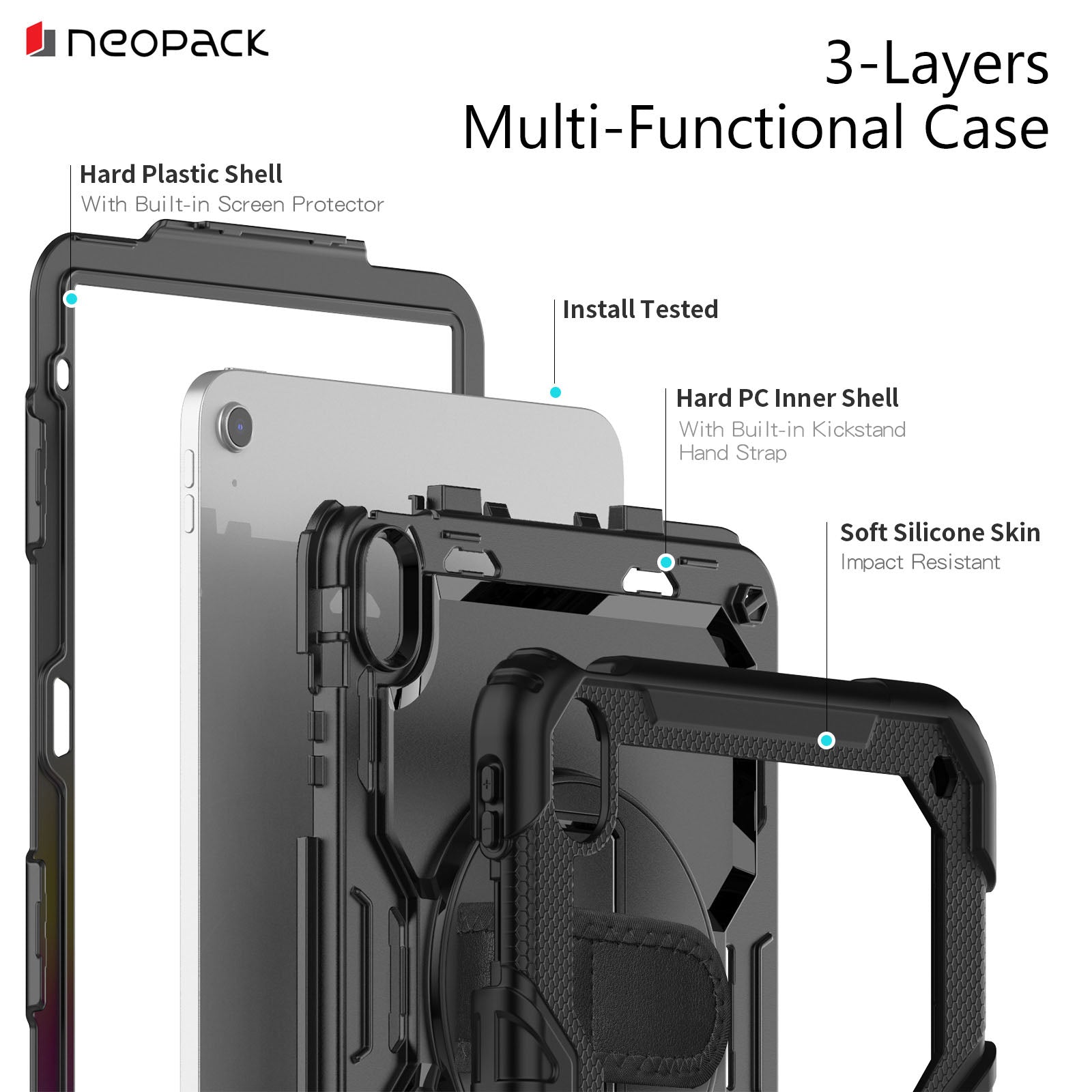 Military Grade Shockproof Rugged Case with Shoulder Strap & Rotating Stand for iPad 10.9