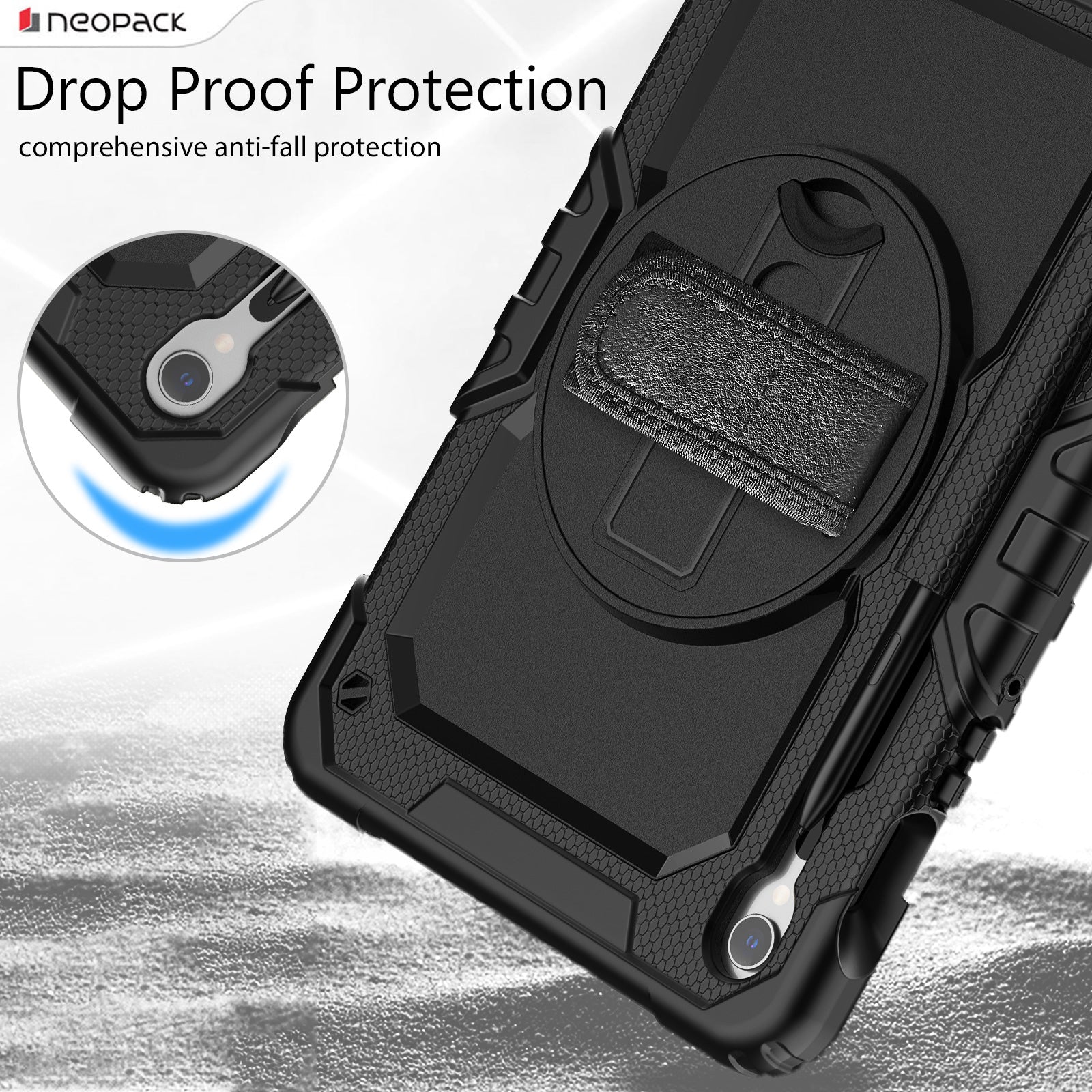 Military Grade Shockproof Rugged Case with Shoulder Strap & 360 Degree Rotating Stand for Samsung Galaxy Tab S9 FE 10.9-Inch (Clear Back)