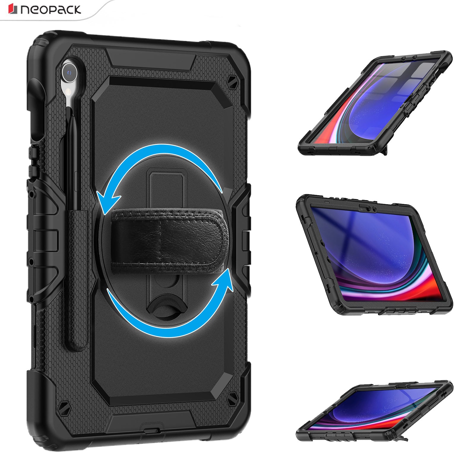 Military Grade Shockproof Rugged Case with Shoulder Strap & 360 Degree Rotating Stand for Samsung Galaxy Tab S9 FE 10.9-Inch (Clear Back)