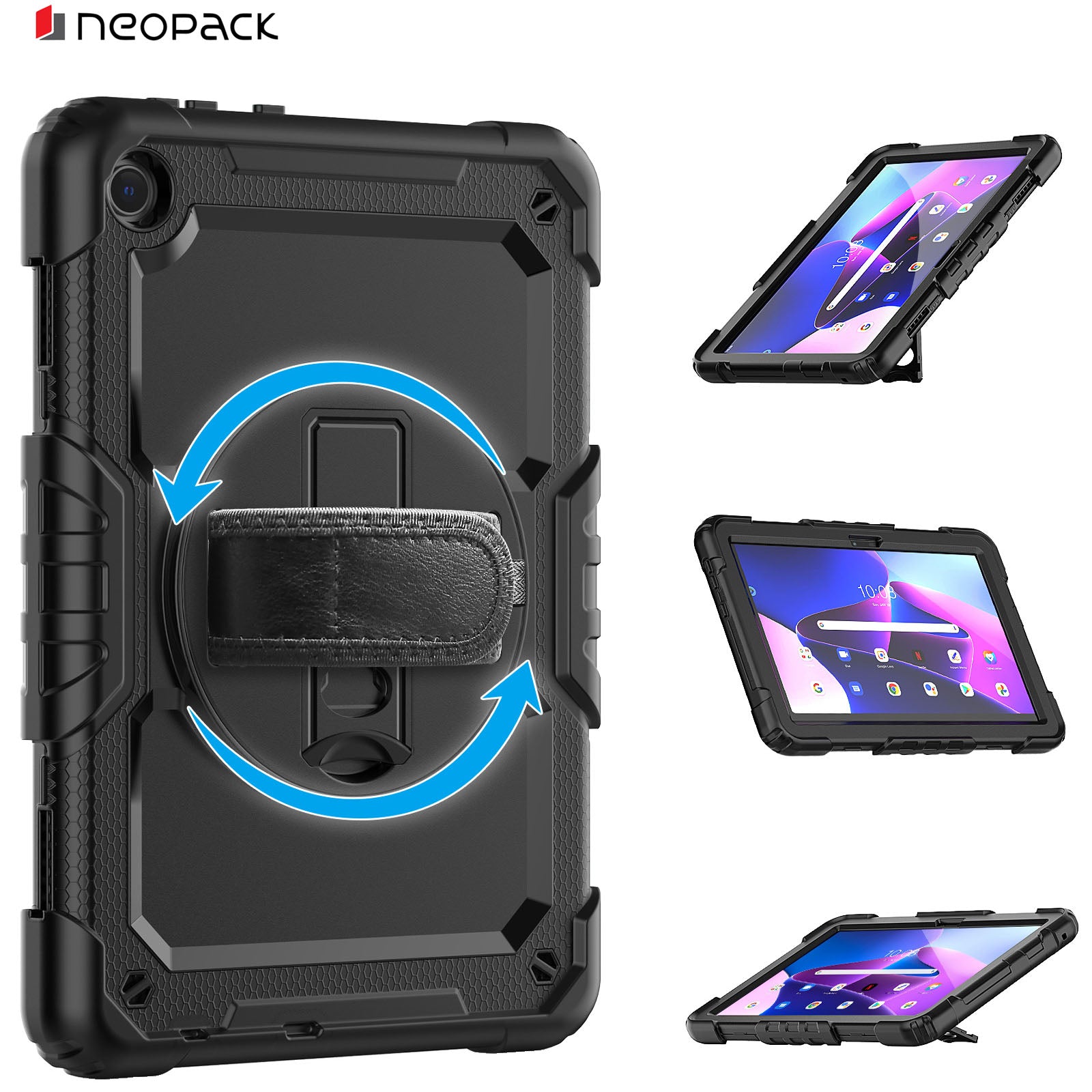 Military Grade Shockproof Rugged Case with Shoulder Strap & Rotating Stand for Lenovo Tab M10 10.1