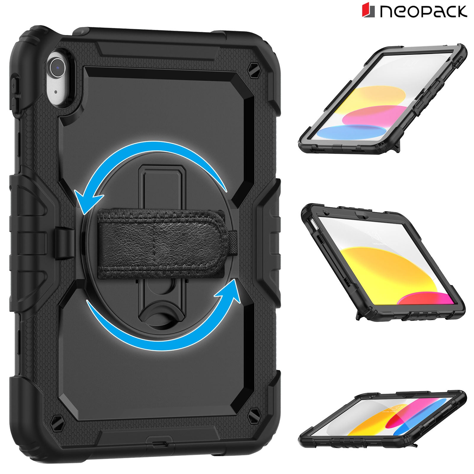 Military Grade Shockproof Rugged Case with Shoulder Strap & Rotating Stand for iPad 10.9
