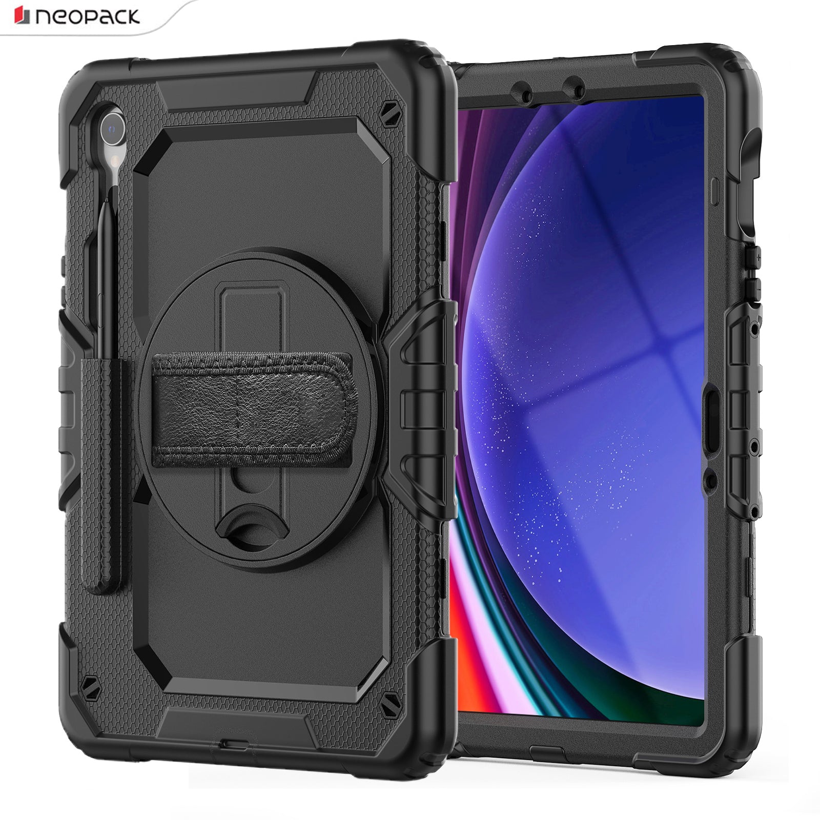 Military Grade Shockproof Rugged Case with Shoulder Strap & 360 Degree Rotating Stand for Samsung Galaxy Tab S9 FE 10.9-Inch (Clear Back)