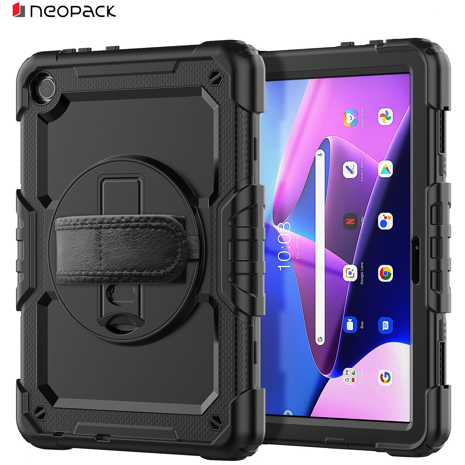 Military Grade Shockproof Rugged Case with Shoulder Strap & Rotating Stand for Lenovo Tab M10 10.1