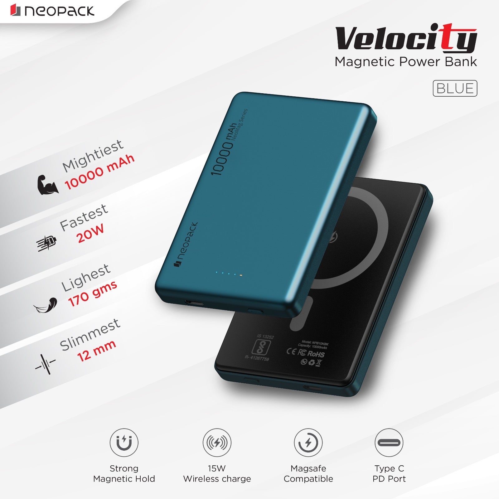 Velocity Magnetic Power Bank 10000 mAh with MagSafe Compatible Wireless Charging @ 15W & Type C @ 20W (Blue)