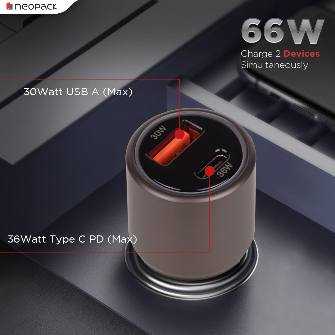 66W Dual Port QC 3.0 Turbo Car Charger with USB-C @ 36W & USB-A @ 30W (Space Grey)