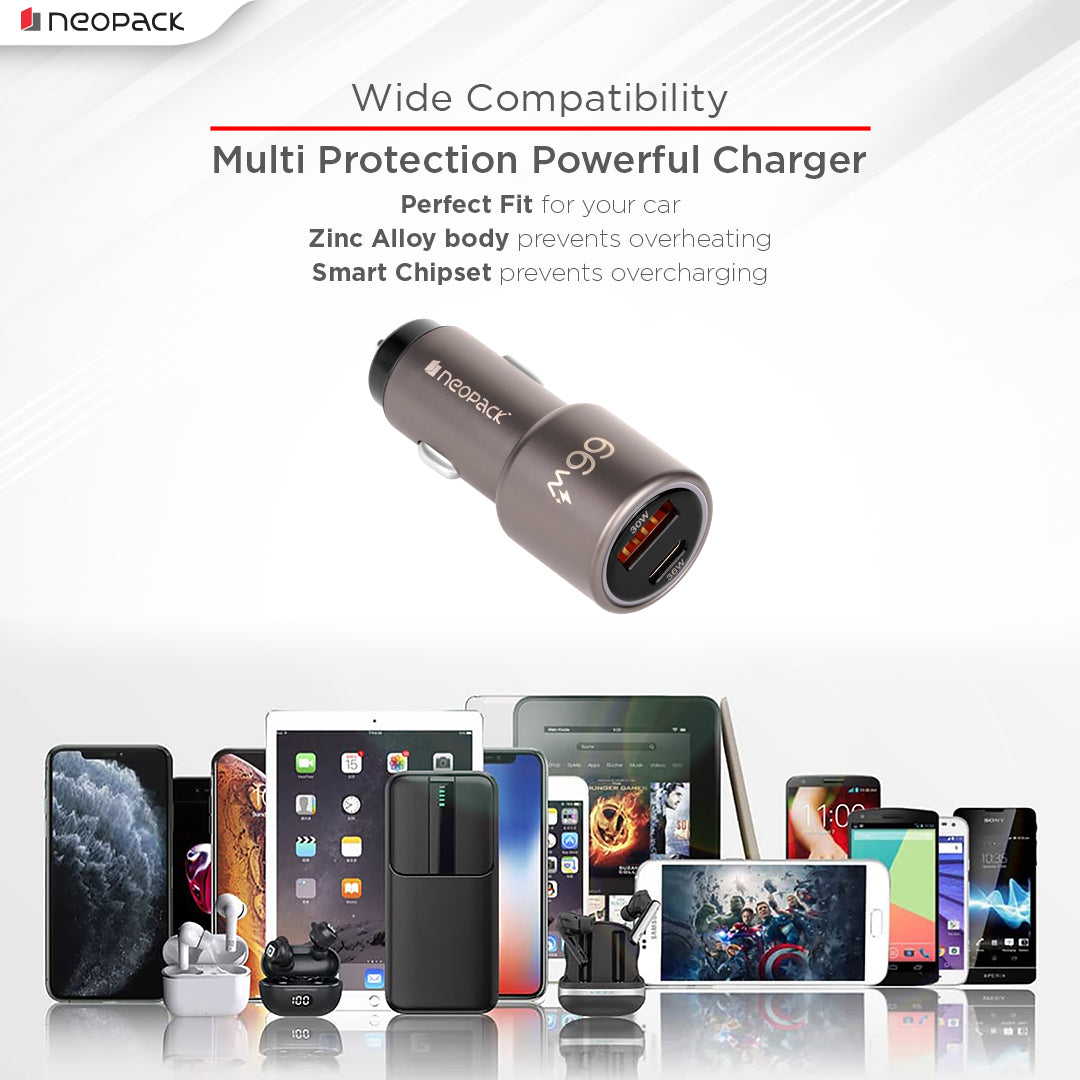 66W Dual Port QC 3.0 Turbo Car Charger with USB-C @ 36W & USB-A @ 30W (Space Grey)