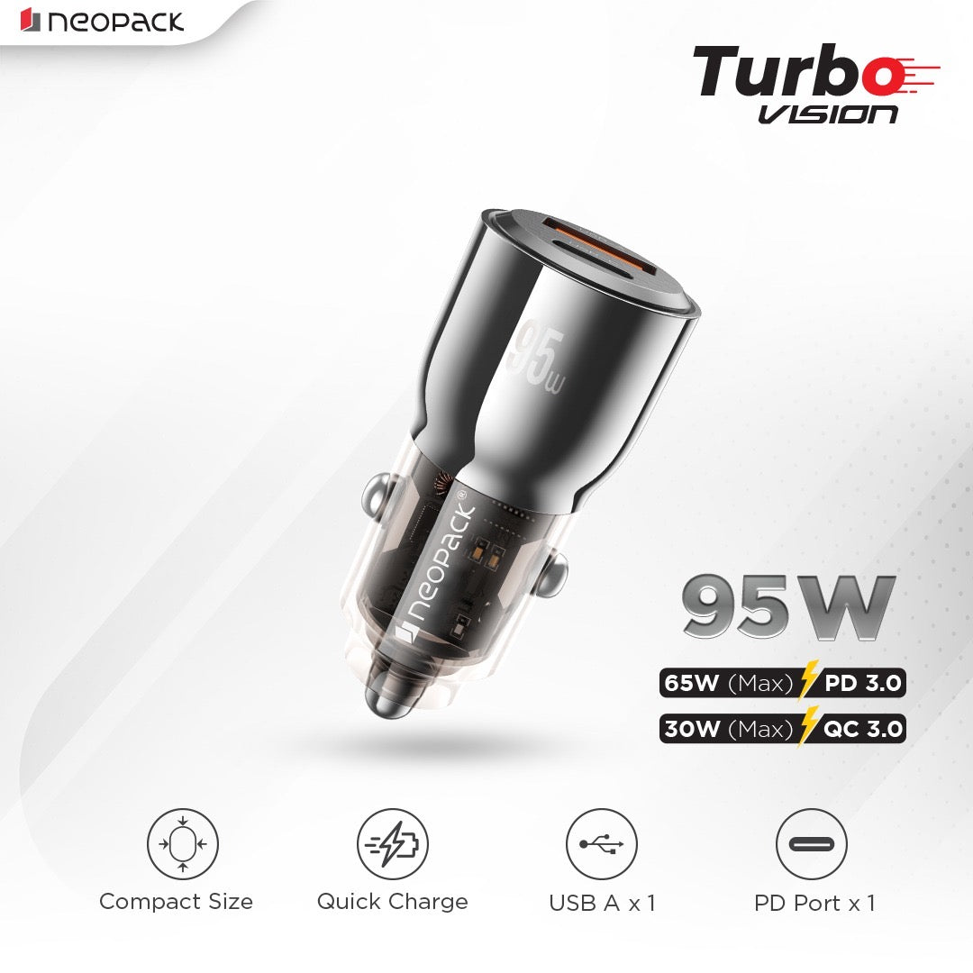 95W Dual Port Turbo Vision Car Charger with USB-C @ 65W PD 3.0 Output & USB-A @ 30W QC 3.0 Output Pots (Black)