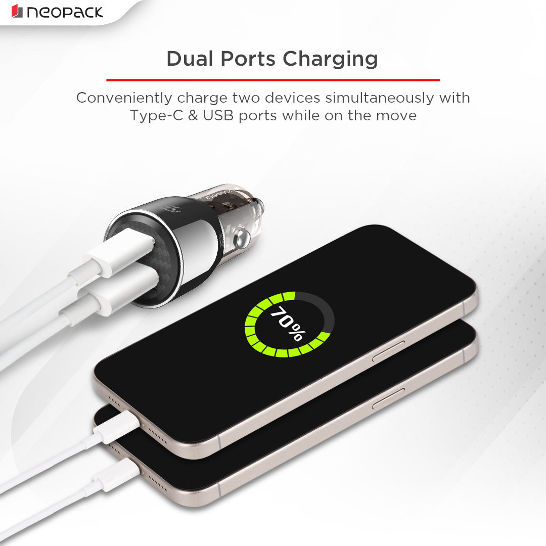 95W Dual Port Turbo Vision Car Charger with USB-C @ 65W PD 3.0 Output & USB-A @ 30W QC 3.0 Output Pots (Black)