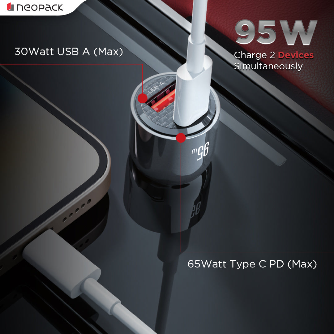 95W Dual Port Turbo Vision Car Charger with USB-C @ 65W PD 3.0 Output & USB-A @ 30W QC 3.0 Output Pots (Black)