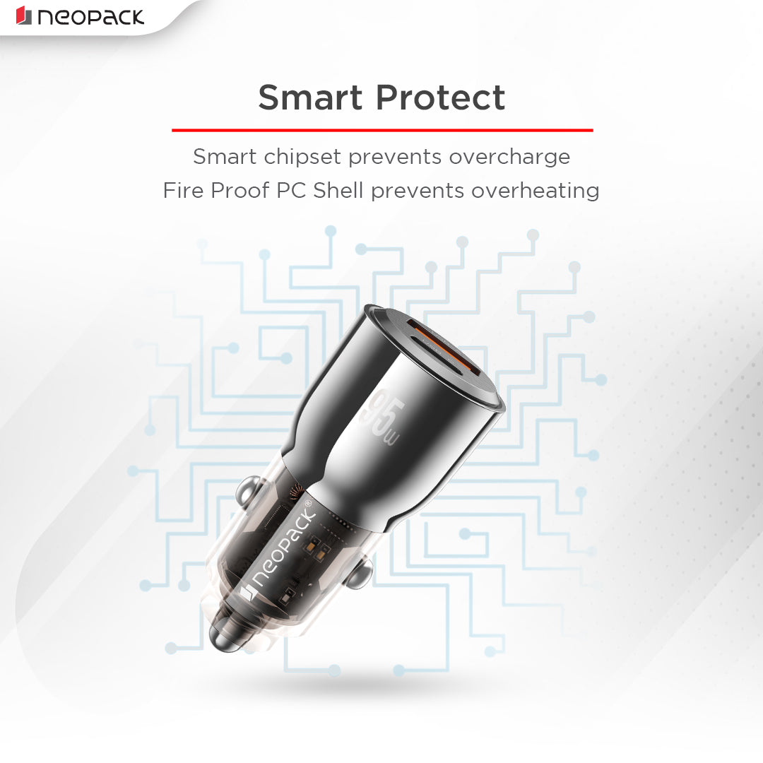 95W Dual Port Turbo Vision Car Charger with USB-C @ 65W PD 3.0 Output & USB-A @ 30W QC 3.0 Output Pots (Black)