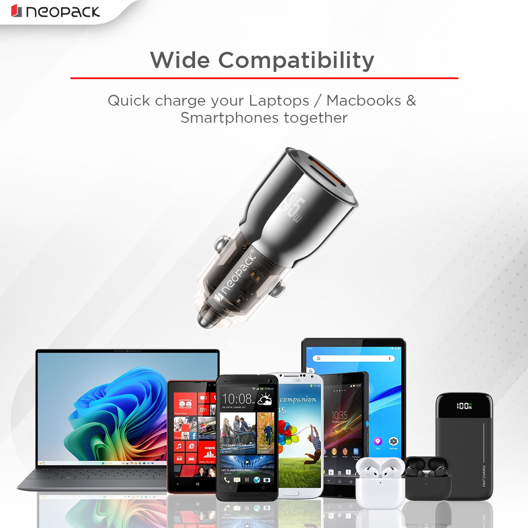 95W Dual Port Turbo Vision Car Charger with USB-C @ 65W PD 3.0 Output & USB-A @ 30W QC 3.0 Output Pots (Black)