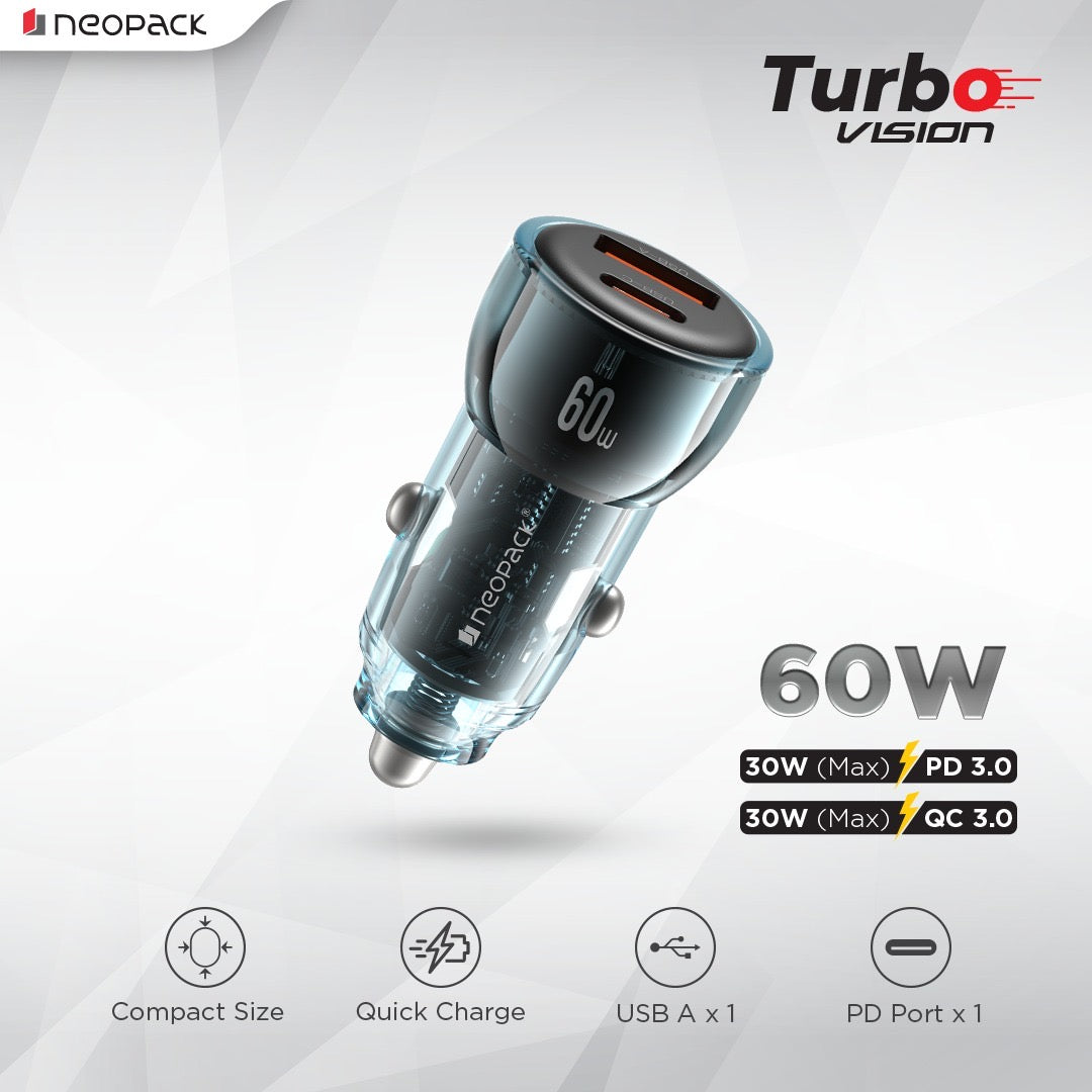60W Dual Port Turbo Vision Car Charger with USB-C @ 30W PD 3.0 Output & USB-A @ 30W QC 3.0 Output Pots (Blue)