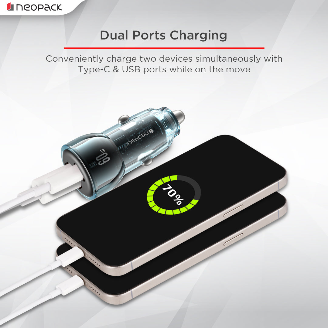 60W Dual Port Turbo Vision Car Charger with USB-C @ 30W PD 3.0 Output & USB-A @ 30W QC 3.0 Output Pots (Blue)