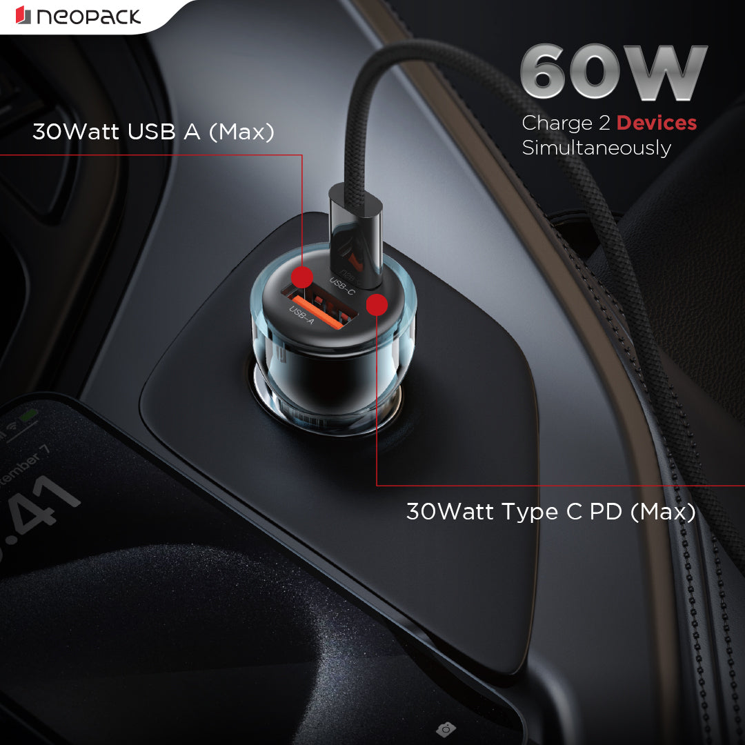60W Dual Port Turbo Vision Car Charger with USB-C @ 30W PD 3.0 Output & USB-A @ 30W QC 3.0 Output Pots (Blue)