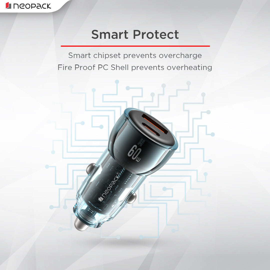 60W Dual Port Turbo Vision Car Charger with USB-C @ 30W PD 3.0 Output & USB-A @ 30W QC 3.0 Output Pots (Blue)