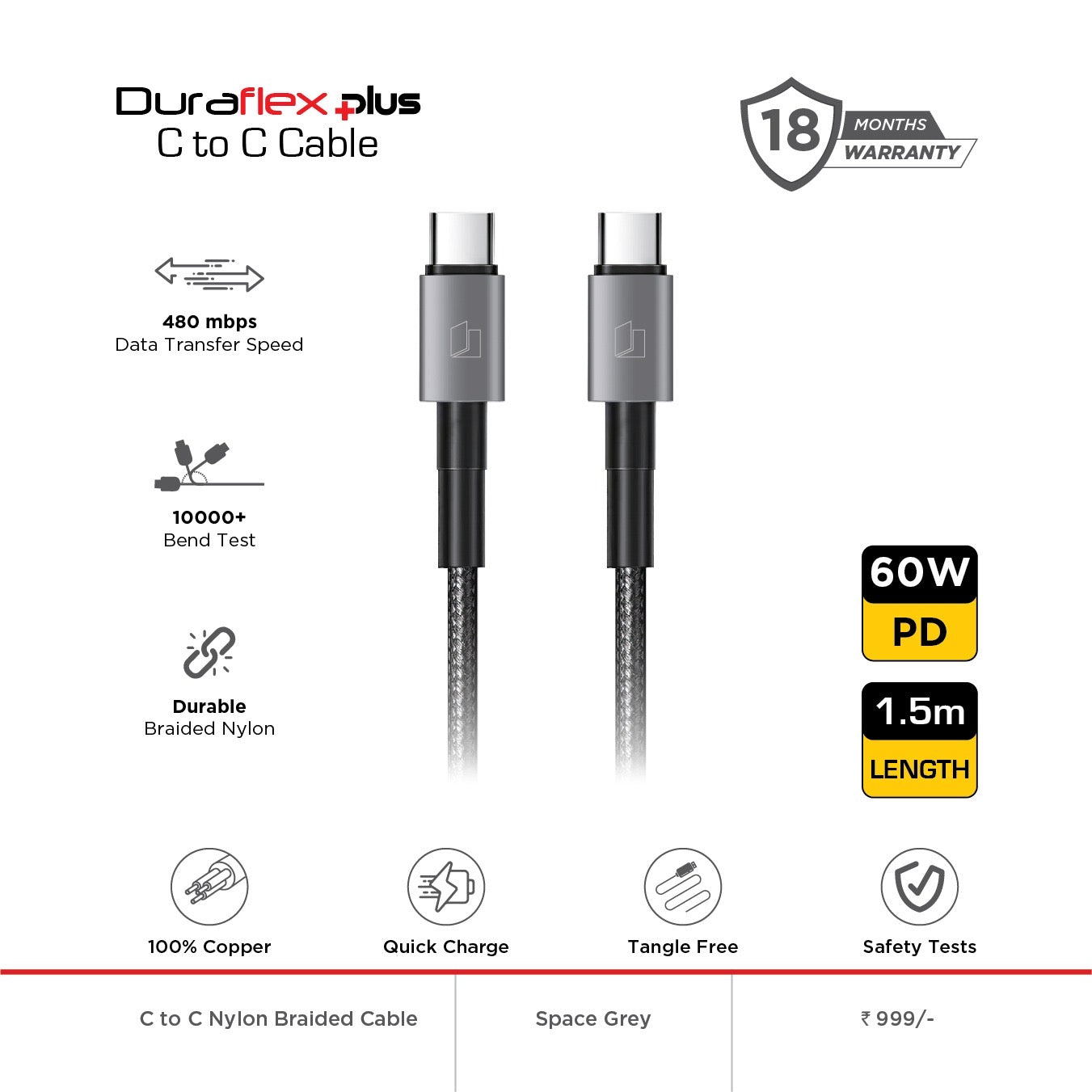 Duraflex Plus 60W Type C to C Unbreakable Nylon Braided Charing Cable (1.5 Mtr, Black)