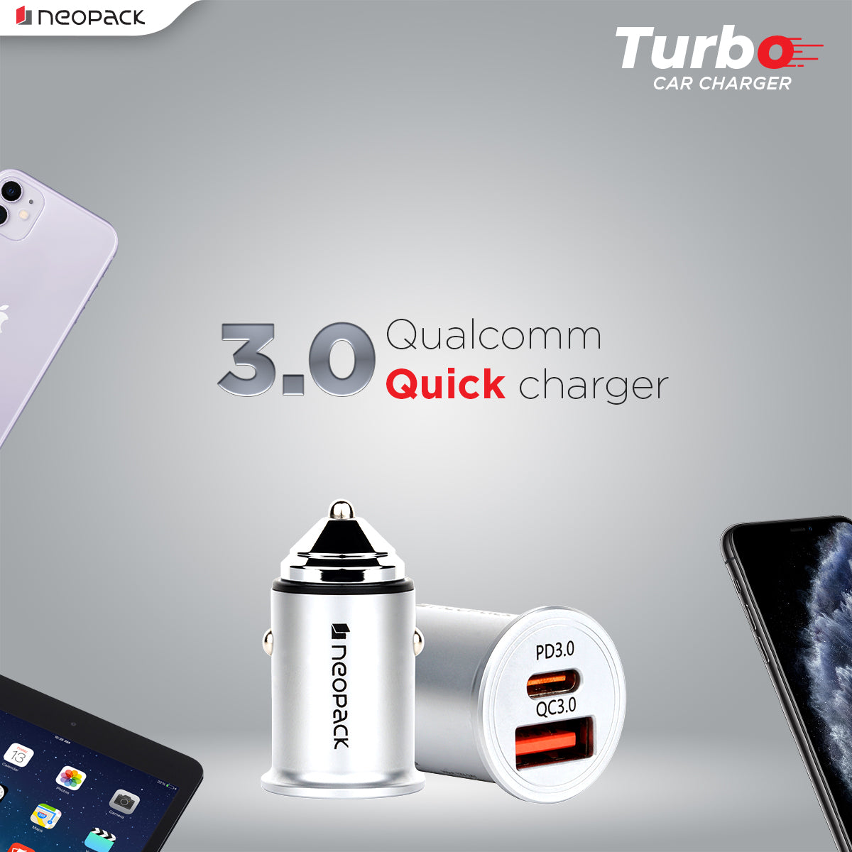 45W Dual Port QC 3.0 Turbo Car Charger with USB-C @ 30W & USB-A @ 15W (Silver)