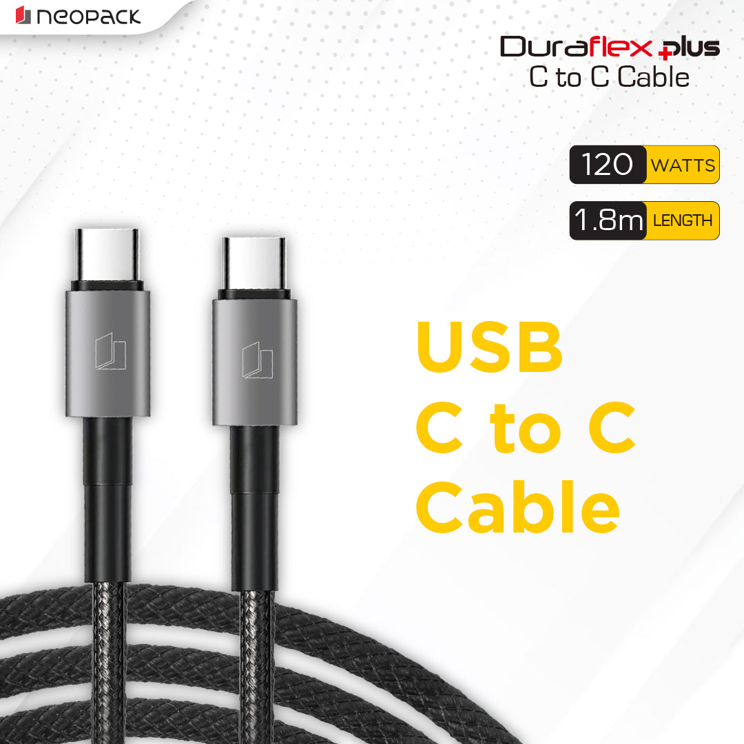 Duraflex Plus 120W Type C to C Unbreakable Nylon Braided Charing Cable (1.8 Mtr, Black)