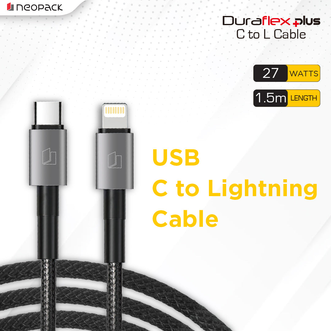 Duraflex Plus 27W Type C to Lightning Unbreakable Nylon Braided Charing Cable (1.5 Mtr, Black)