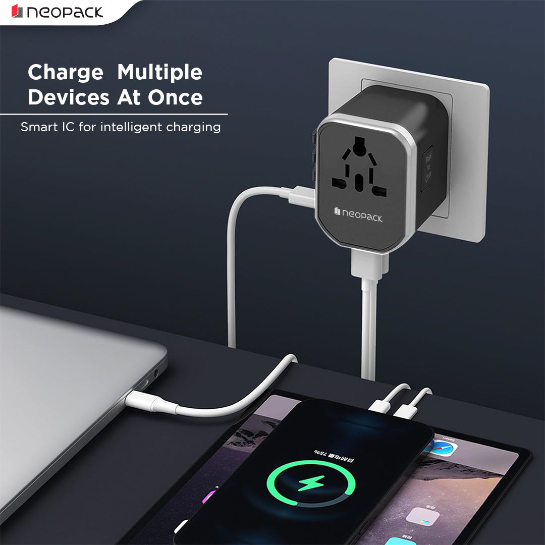 World Traveller Plus Adapter 20W with India Plug Compatible Sockets, 1 X USB-C PD + 2 X USB A Pots, All in One Worldwide for USA, EU, UK, AUS (Black)