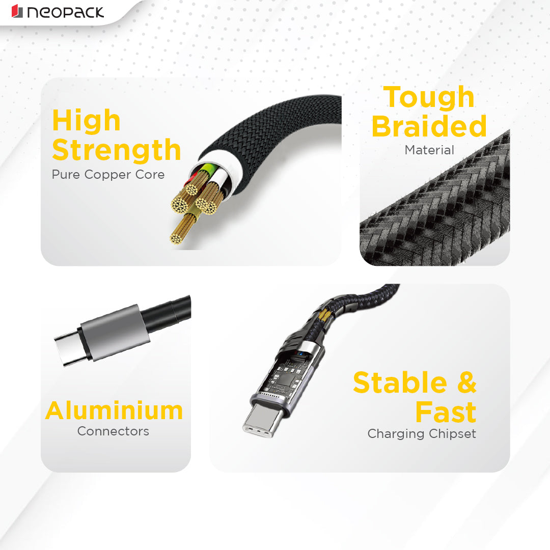 Duraflex Plus 60W Type C to C Unbreakable Nylon Braided Charing Cable (1.5 Mtr, Black)
