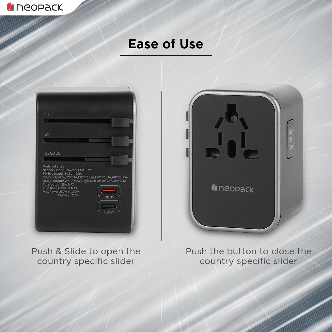 World Traveller Plus Adapter 35W with India Plug Compatible Sockets, 2 X USB-C PD + 3 X USB A Ports, All in One Worldwide for USA, EU, UK, AUS (Black)