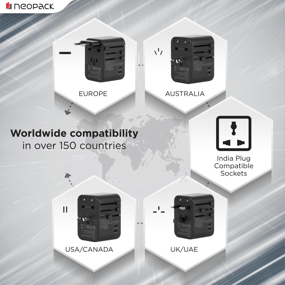 World Traveller Plus Adapter 35W with India Plug Compatible Sockets, 2 X USB-C PD + 3 X USB A Ports, All in One Worldwide for USA, EU, UK, AUS (Black)
