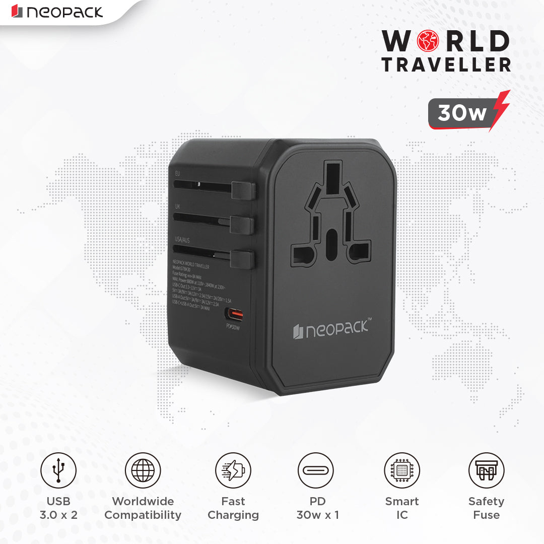 World Traveller Adapter with AC Outlet, 2 x USB 3.0, 1 x USB-C 30W PD Fast Charging, All in One Worldwide for USA, EU, UK, AUS (Black)