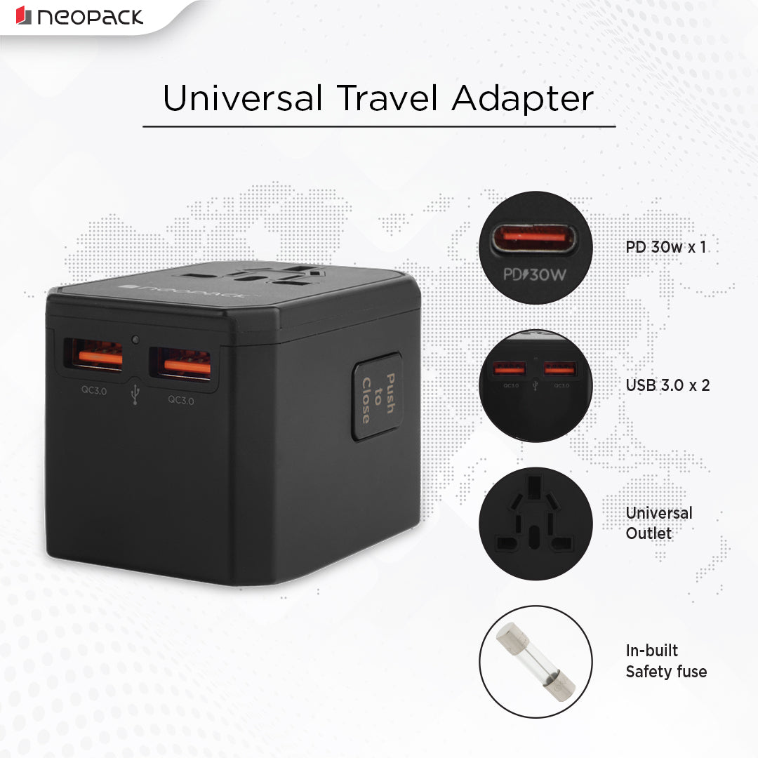 World Traveller Adapter with AC Outlet, 2 x USB 3.0, 1 x USB-C 30W PD Fast Charging, All in One Worldwide for USA, EU, UK, AUS (Black)