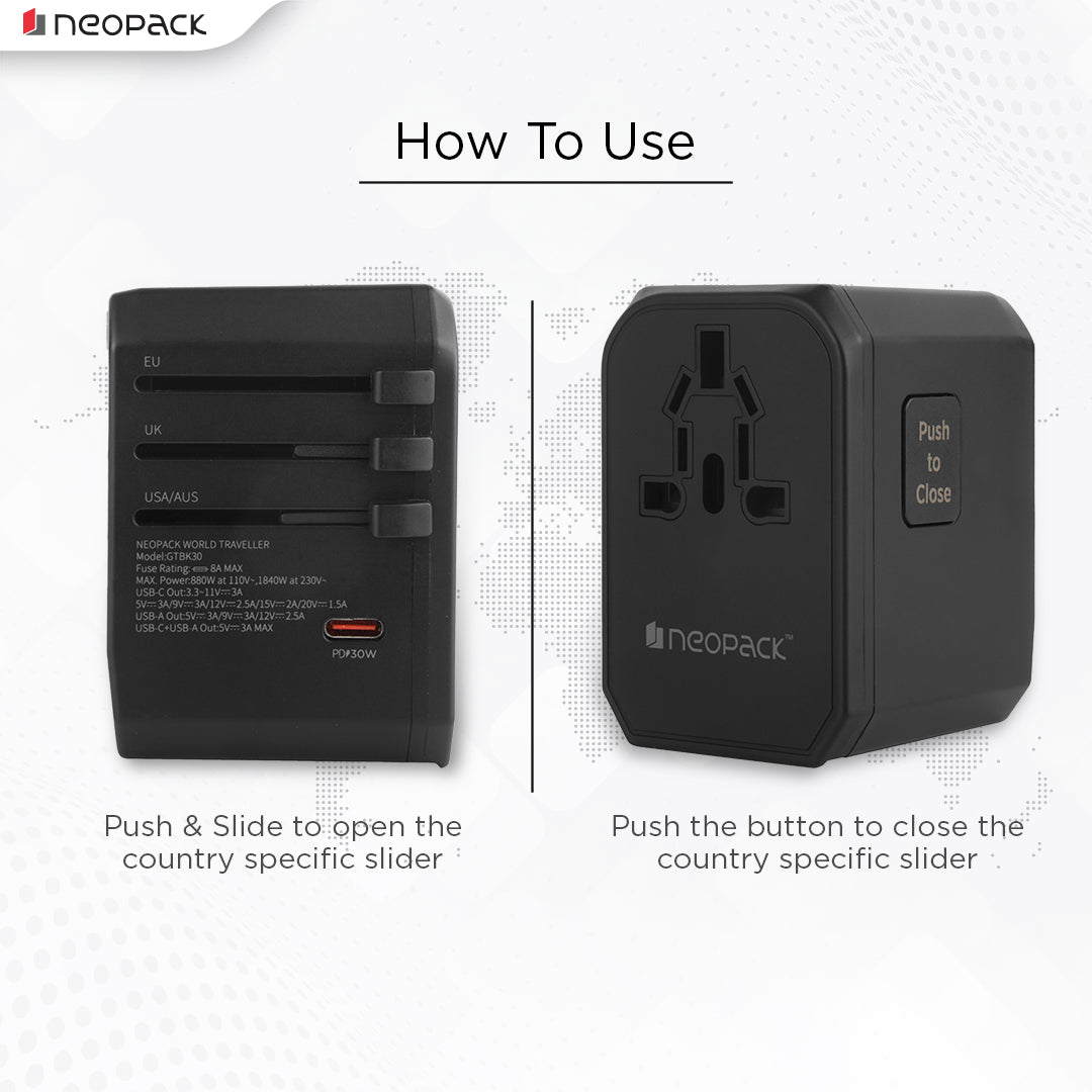 World Traveller Adapter with AC Outlet, 2 x USB 3.0, 1 x USB-C 30W PD Fast Charging, All in One Worldwide for USA, EU, UK, AUS (Black)