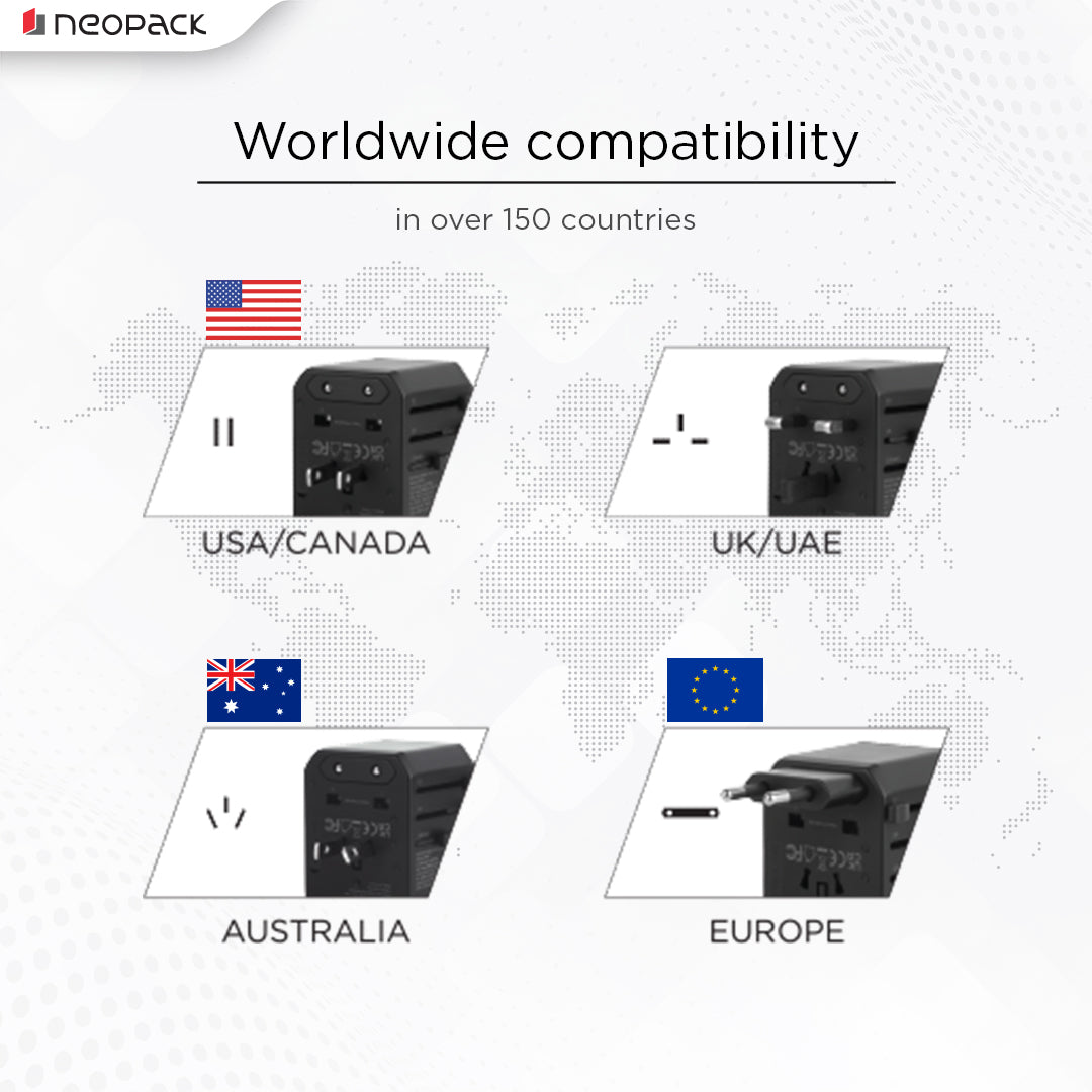 World Traveller Adapter with AC Outlet, 2 x USB 3.0, 1 x USB-C 30W PD Fast Charging, All in One Worldwide for USA, EU, UK, AUS (Black)