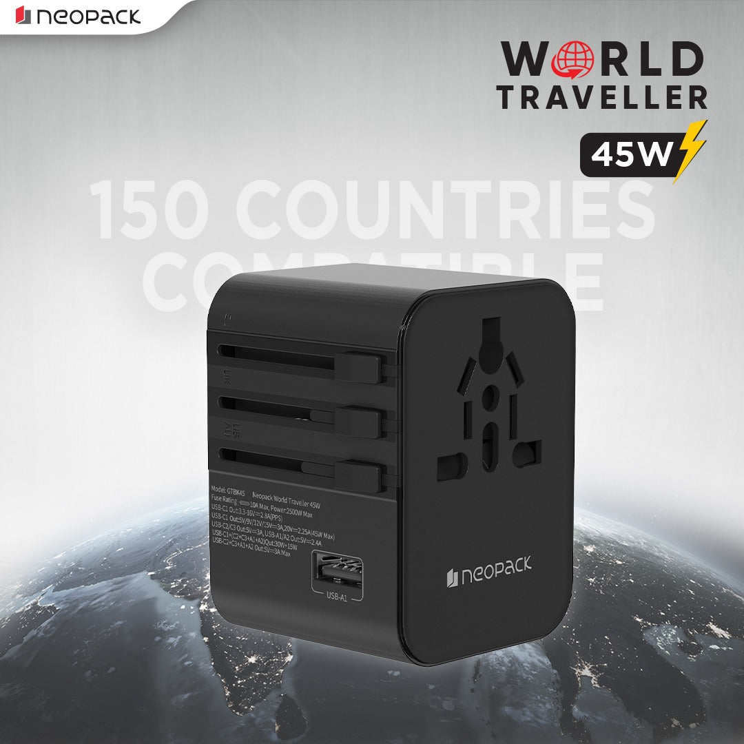 World Traveller Plus Adapter 45W with India Plug Compatible Sockets, 3 X USB-C PD + 1 X USB A Port, All in One Worldwide for USA, EU, UK, AUS (Black)